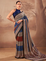 Fantastic Navy Blue Printed Cotton Festive Wear Saree With Blouse