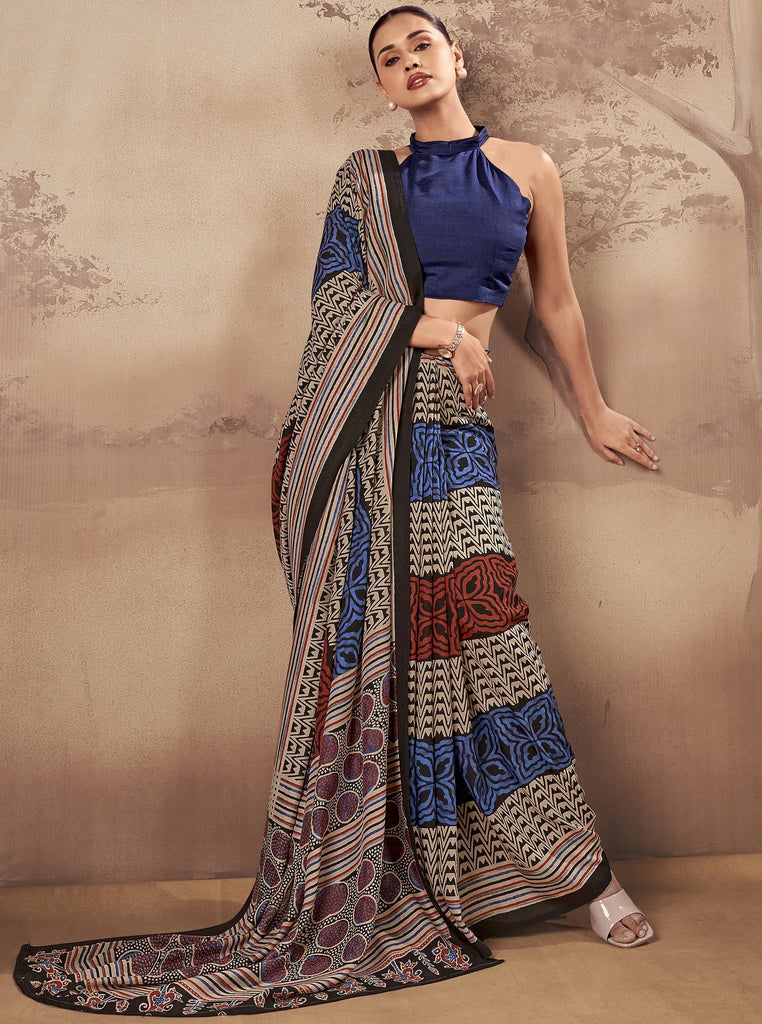 Fantastic Navy Blue Printed Cotton Festive Wear Saree With Blouse