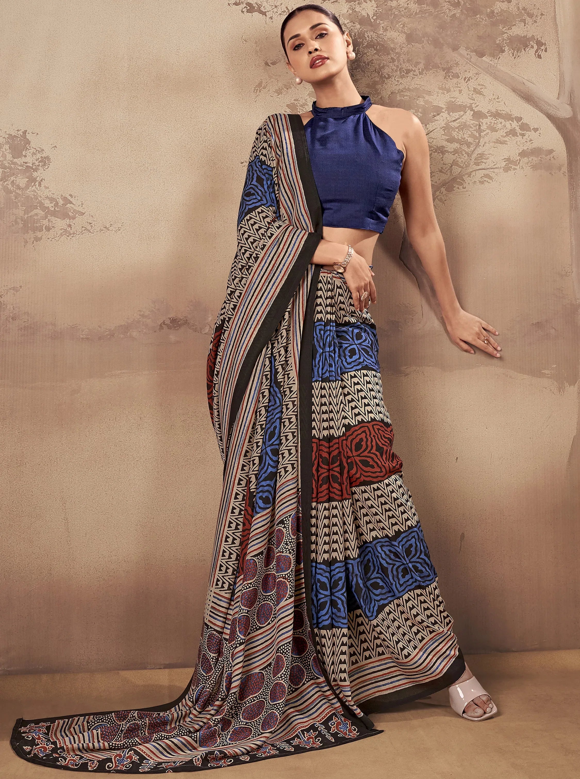 Fantastic Navy Blue Printed Cotton Festive Wear Saree With Blouse