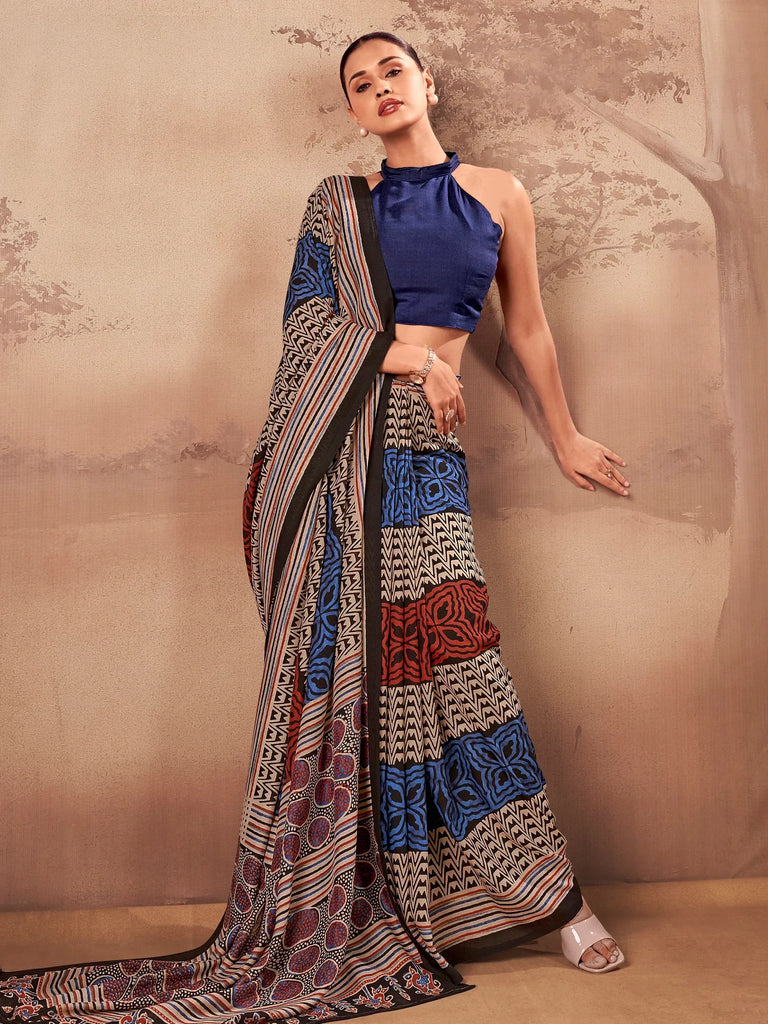 Fantastic Navy Blue Printed Cotton Festive Wear Saree With Blouse
