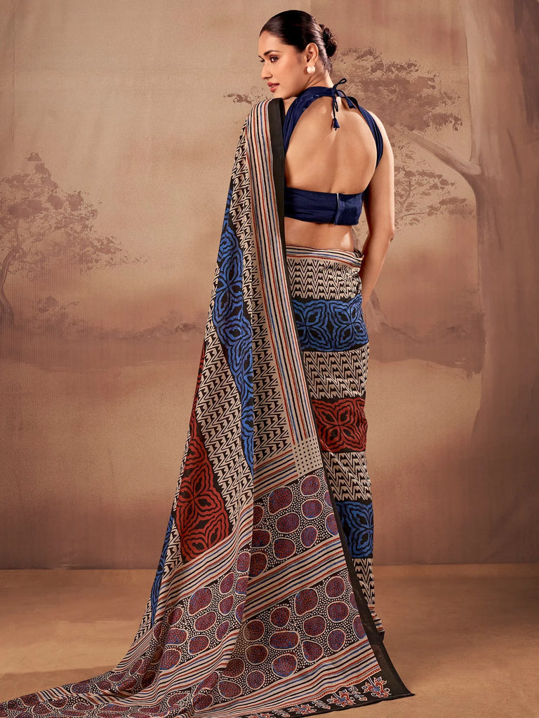 Fantastic Navy Blue Printed Cotton Festive Wear Saree With Blouse