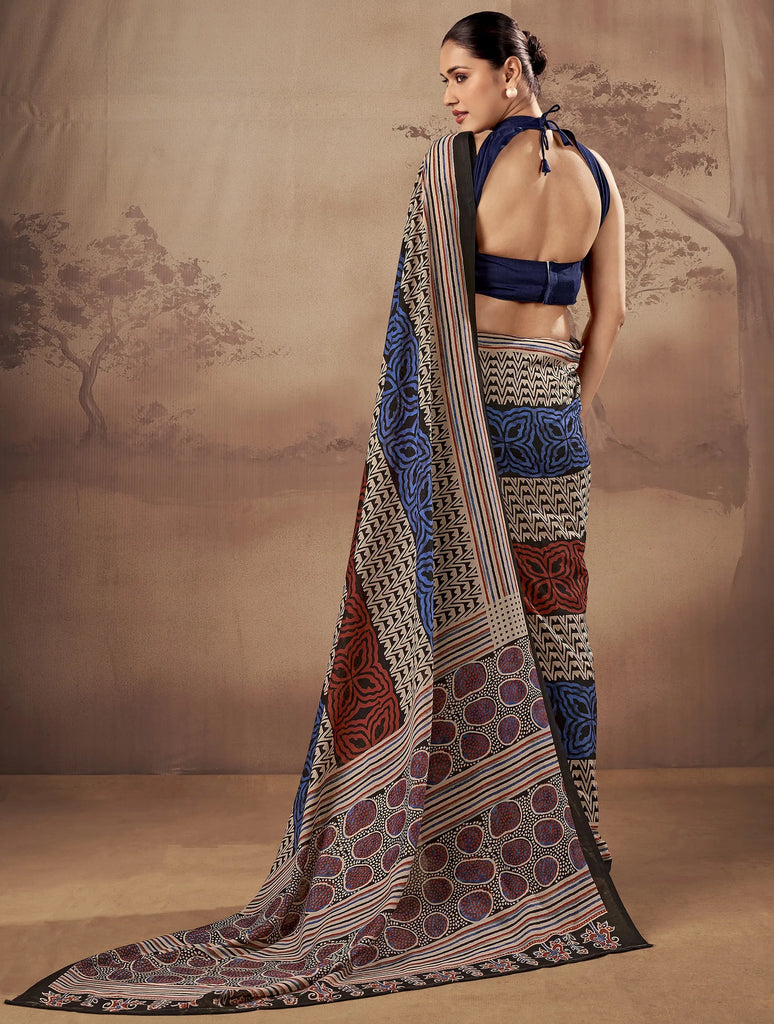 Fantastic Navy Blue Printed Cotton Festive Wear Saree With Blouse