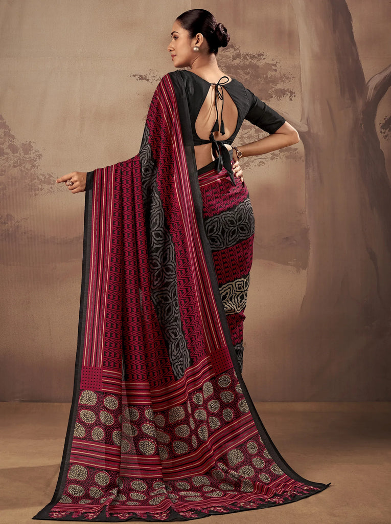 Amazeballs Red Digital Printed Cotton Office Wear Saree With Blouse