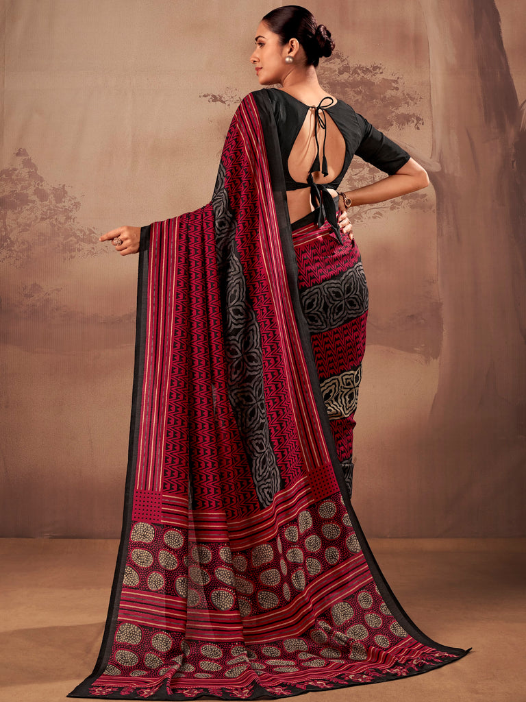 Amazeballs Red Digital Printed Cotton Casual Wear Saree With Blouse