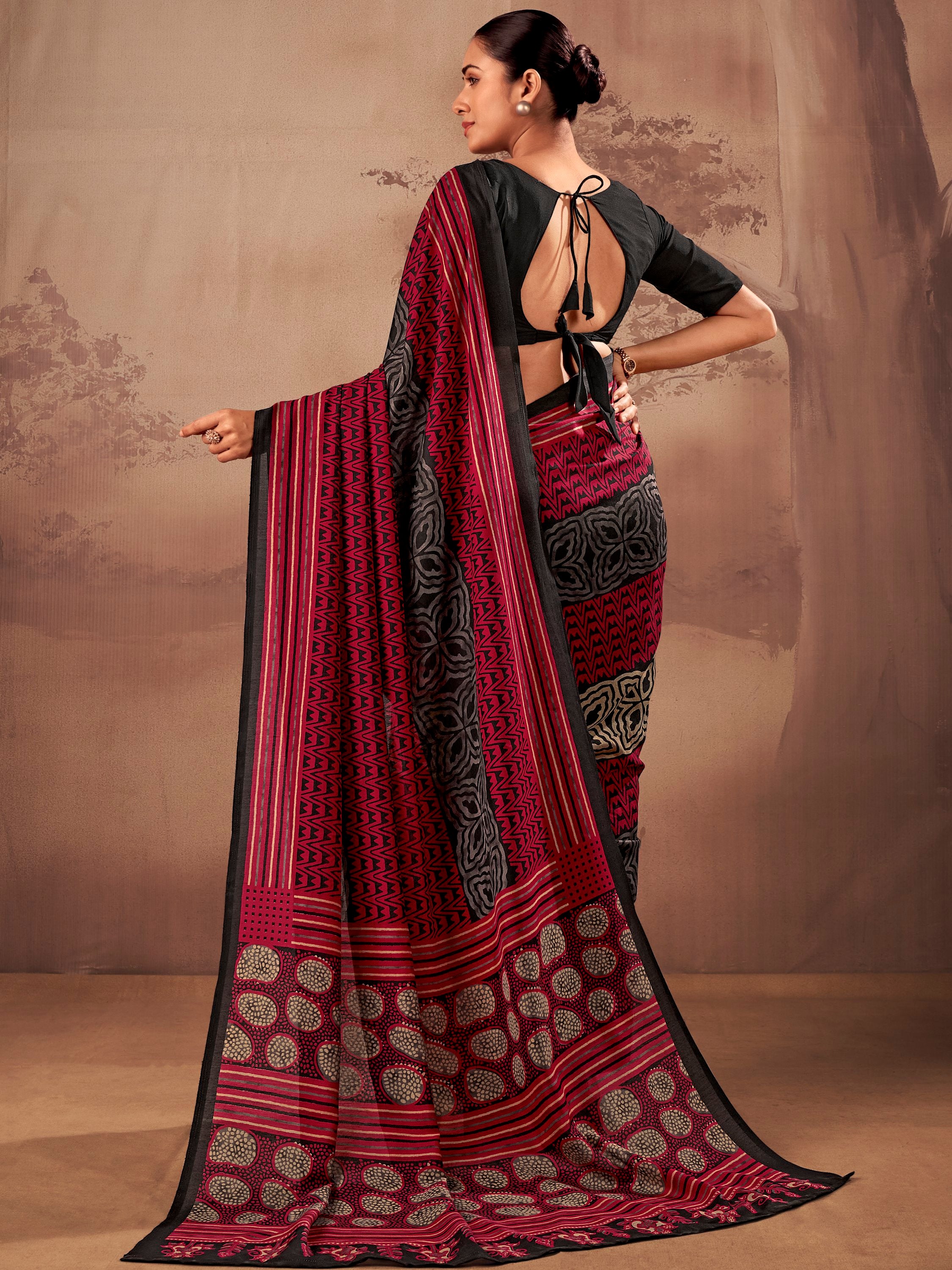 Amazeballs Red Digital Printed Cotton Casual Wear Saree With Blouse