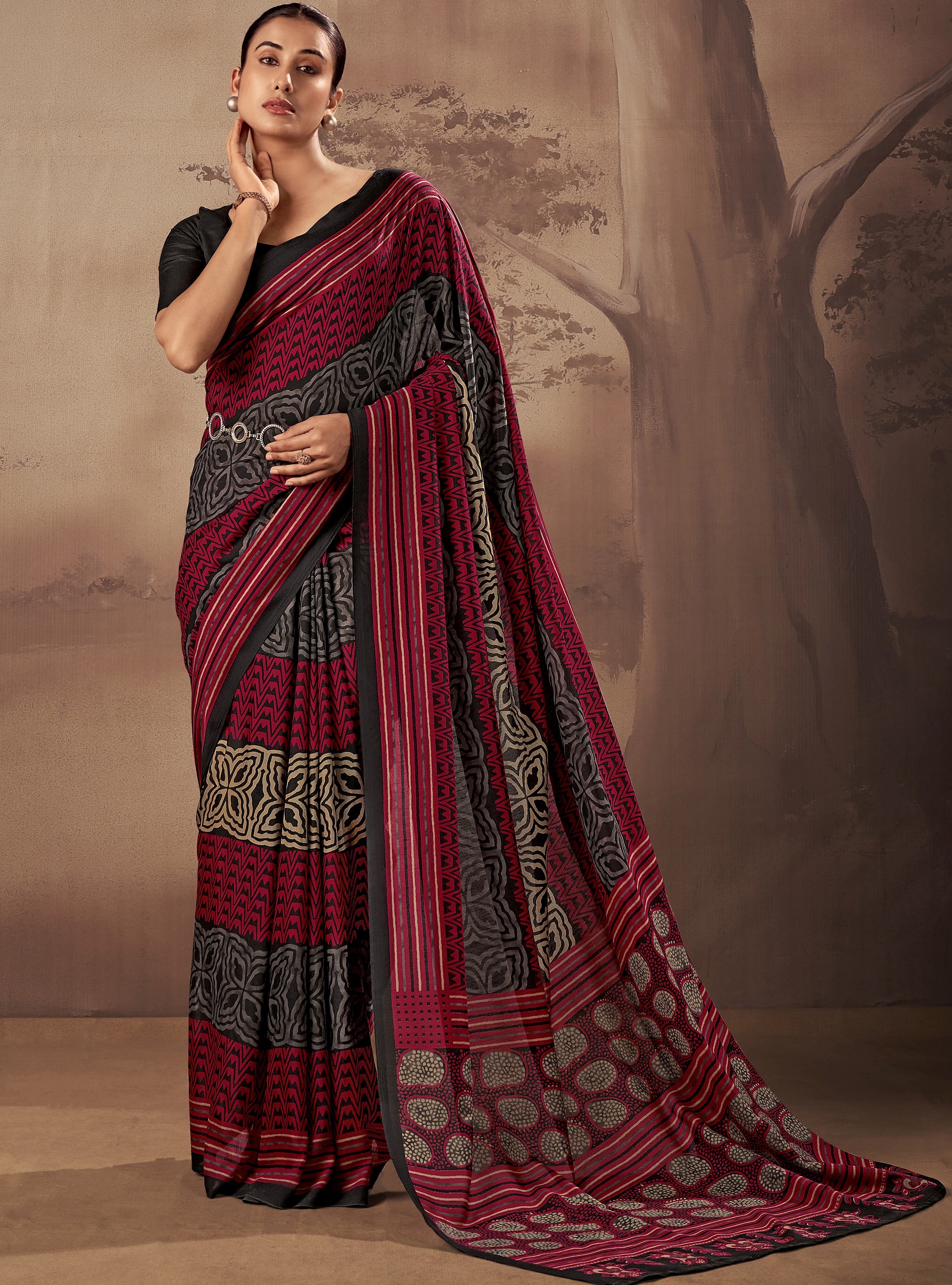 Amazeballs Red Digital Printed Cotton Office Wear Saree With Blouse