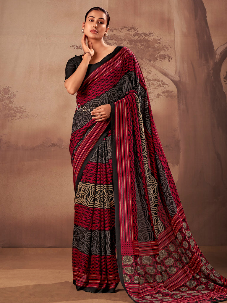 Amazeballs Red Digital Printed Cotton Casual Wear Saree With Blouse