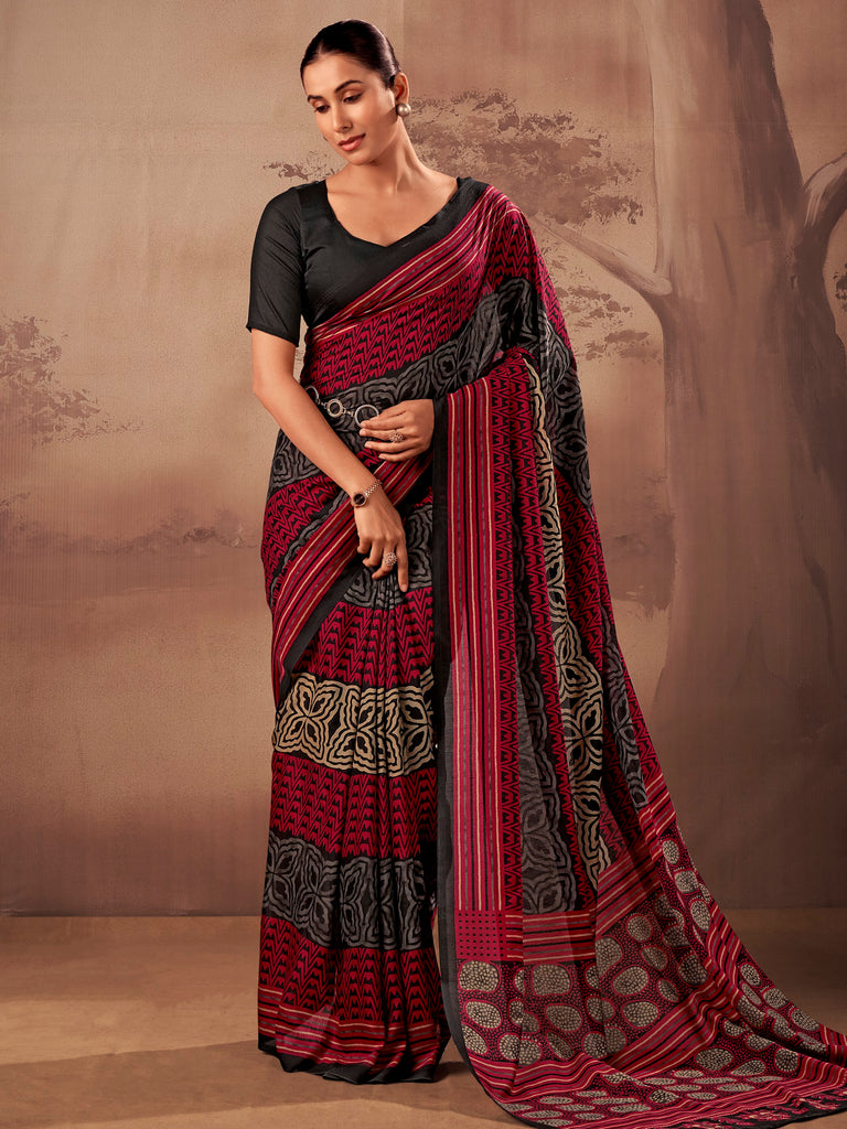 Amazeballs Red Digital Printed Cotton Casual Wear Saree With Blouse