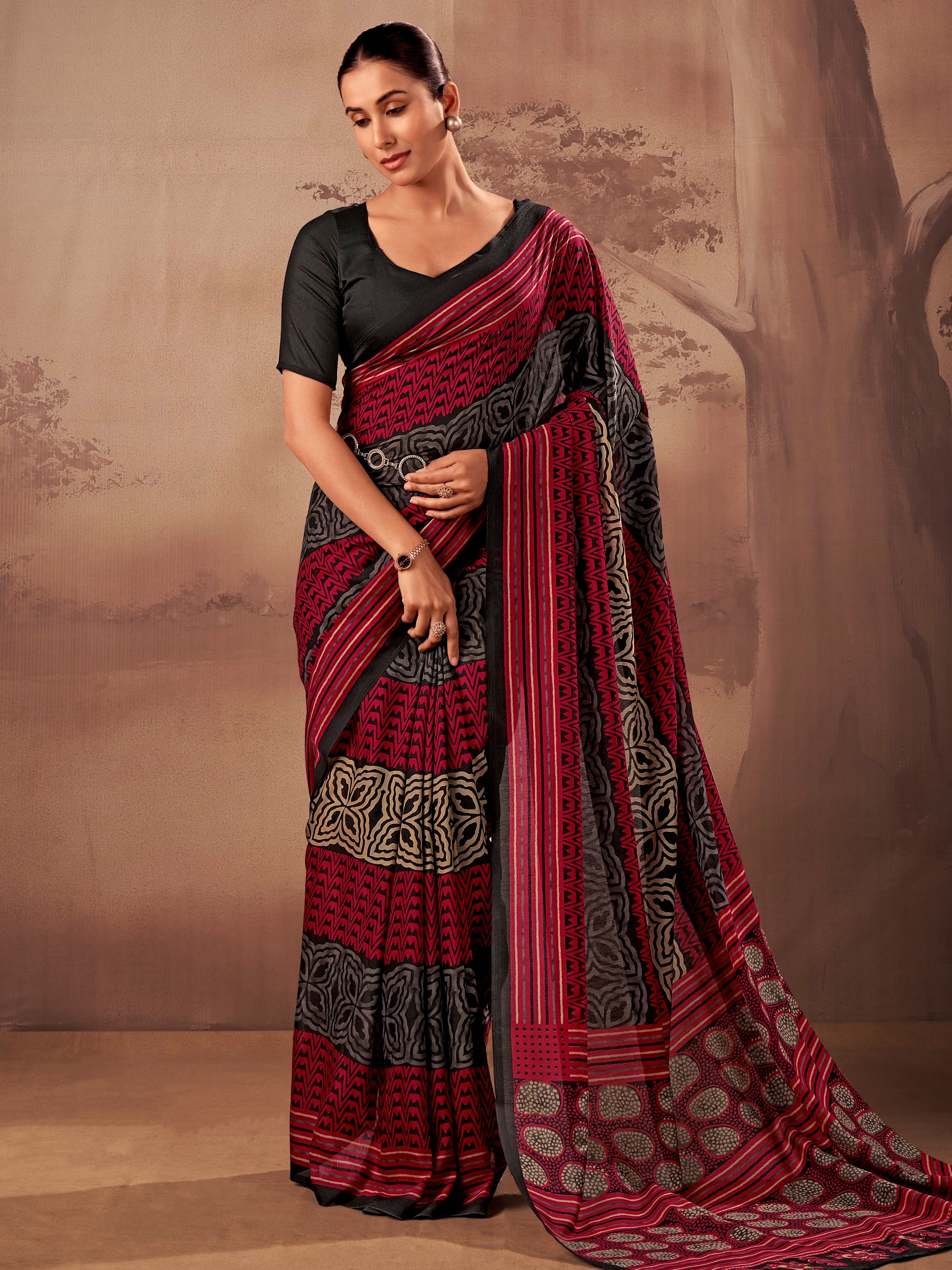 Amazeballs Red Digital Printed Cotton Casual Wear Saree With Blouse