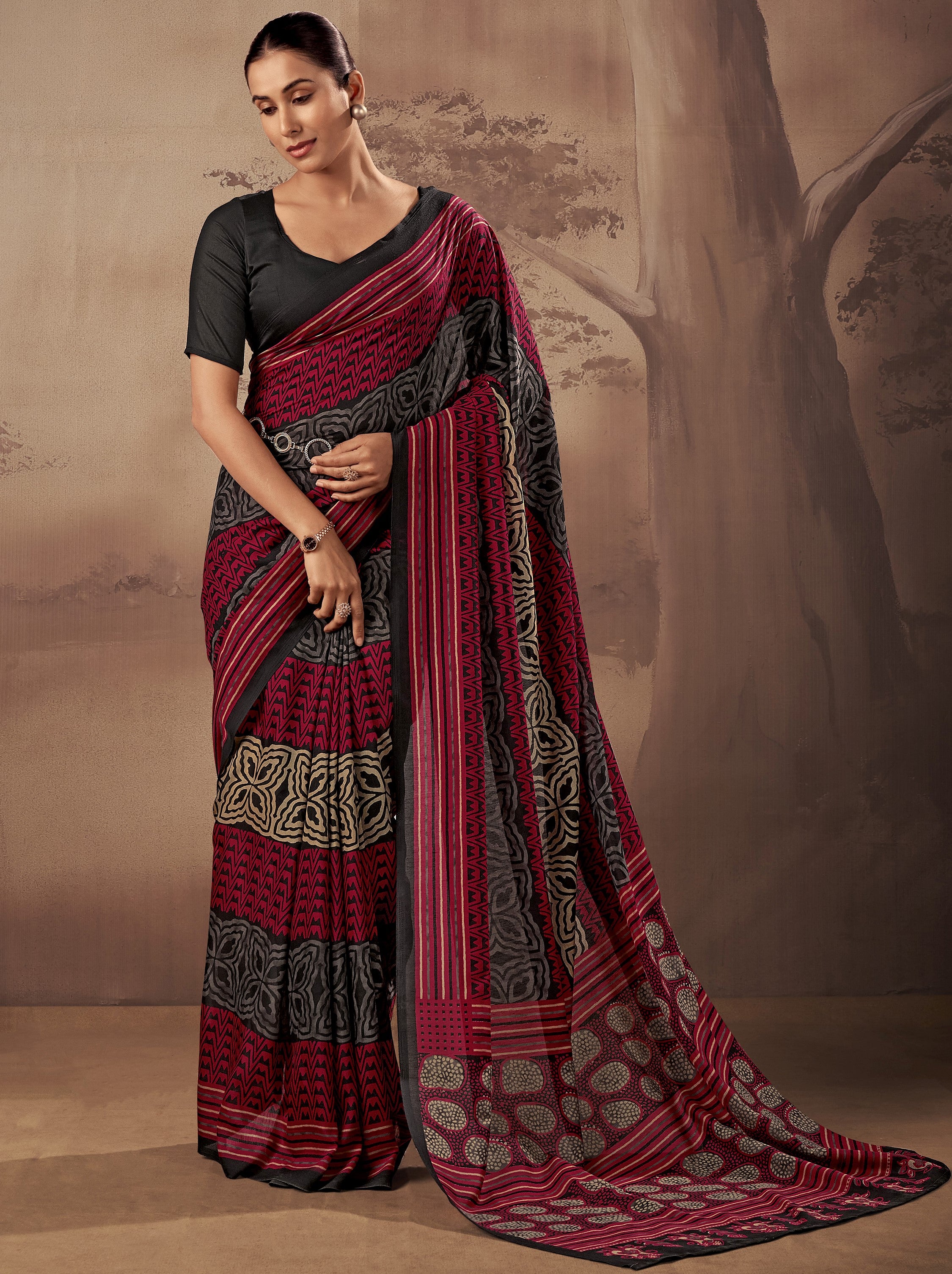 Amazeballs Red Digital Printed Cotton Office Wear Saree With Blouse