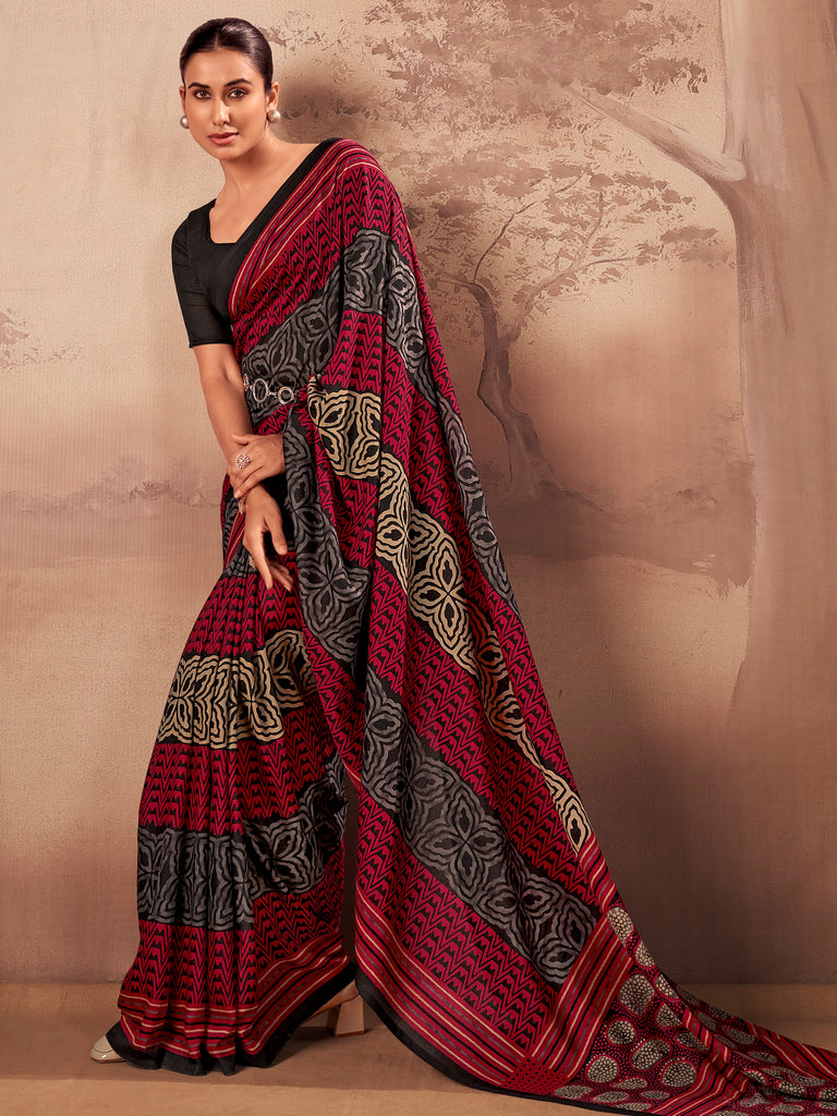 Amazeballs Red Digital Printed Cotton Casual Wear Saree With Blouse