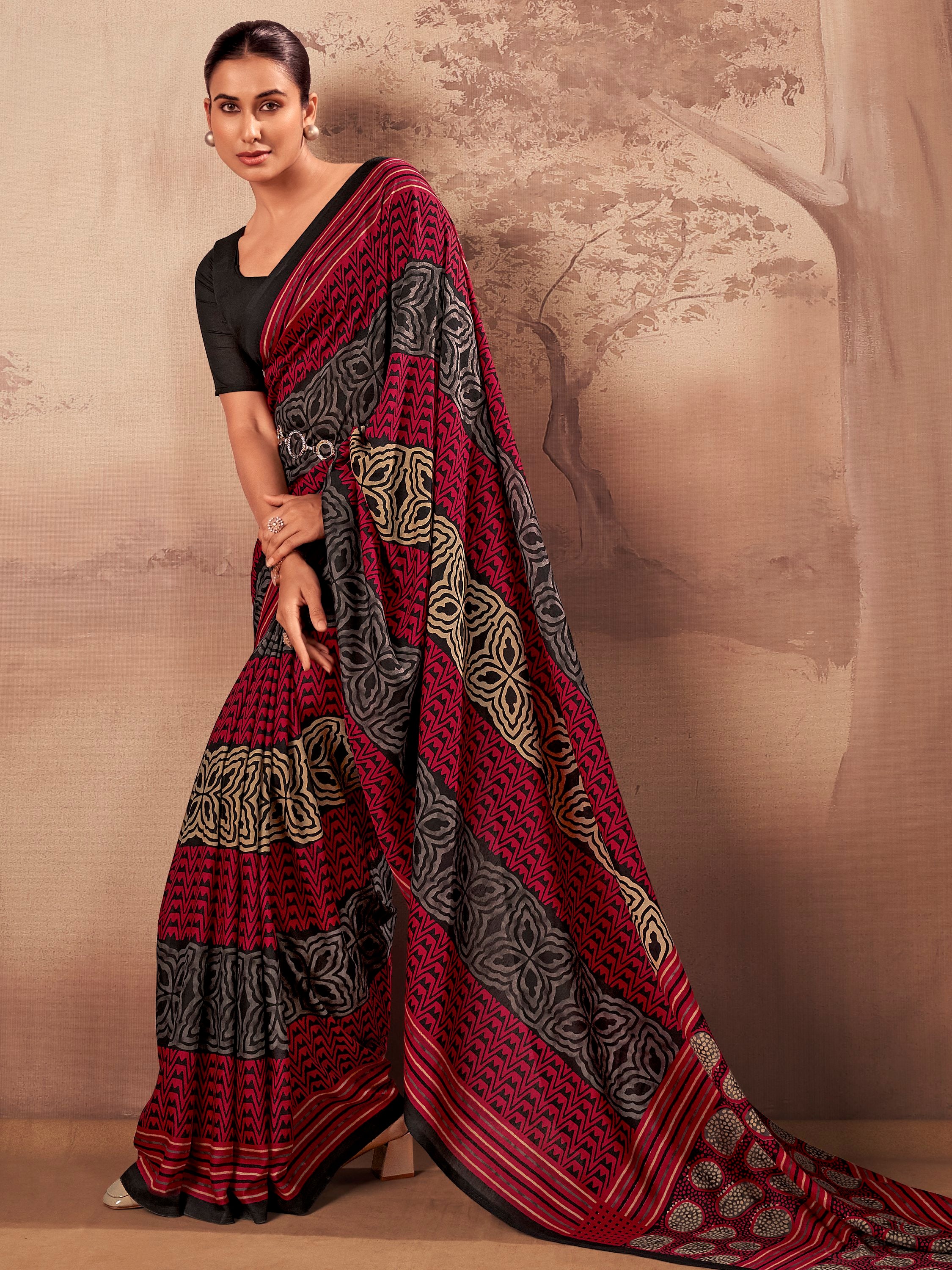 Amazeballs Red Digital Printed Cotton Casual Wear Saree With Blouse