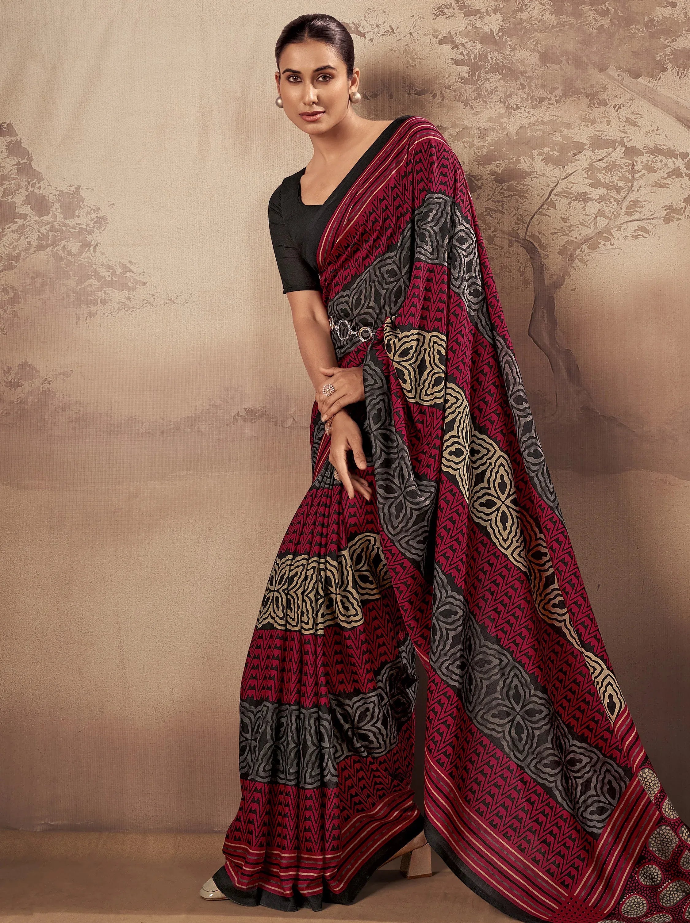 Amazeballs Red Digital Printed Cotton Office Wear Saree With Blouse