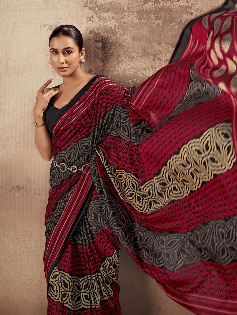 Amazeballs Red Digital Printed Cotton Office Wear Saree With Blouse
