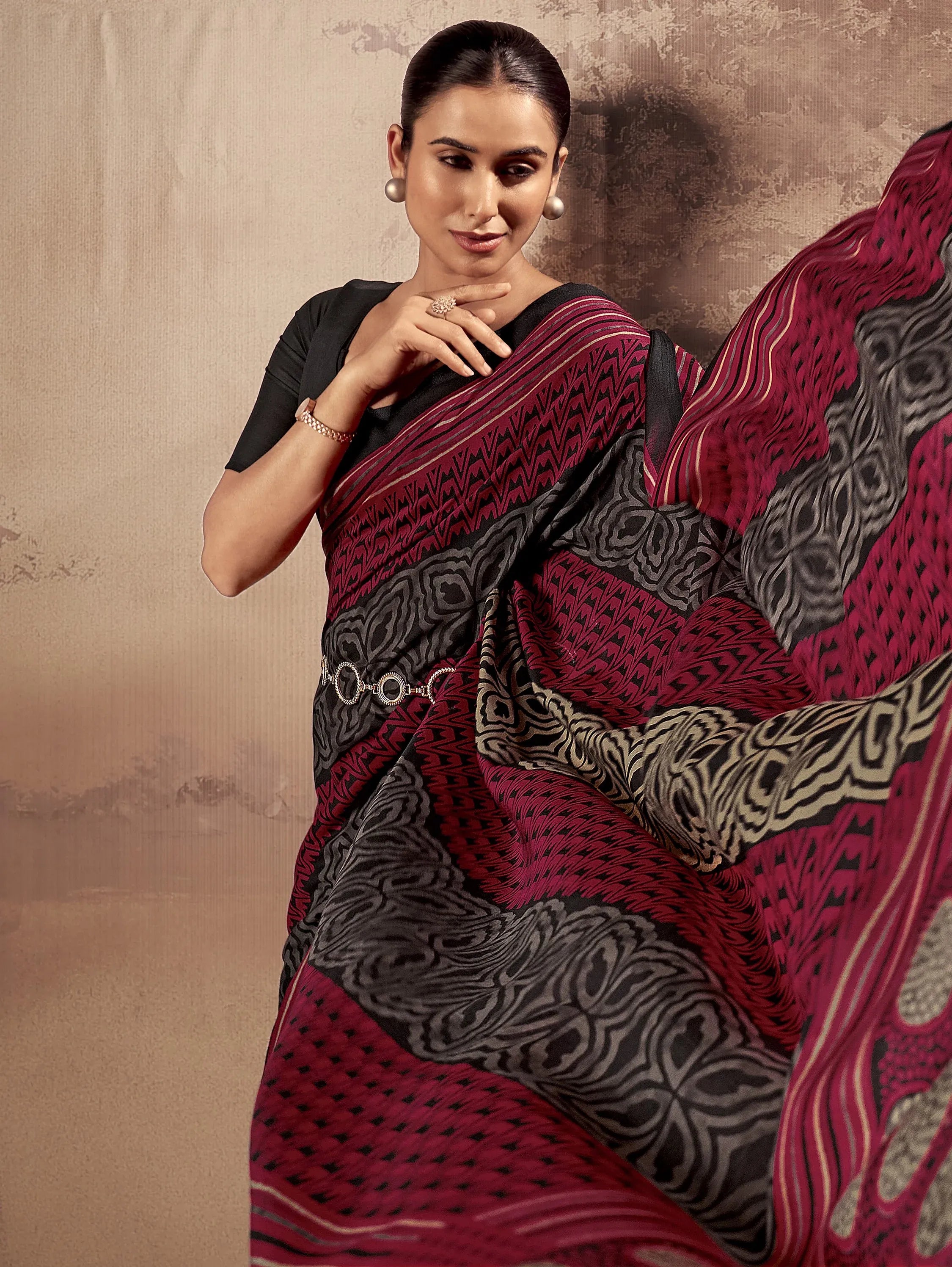 Amazeballs Red Digital Printed Cotton Office Wear Saree With Blouse