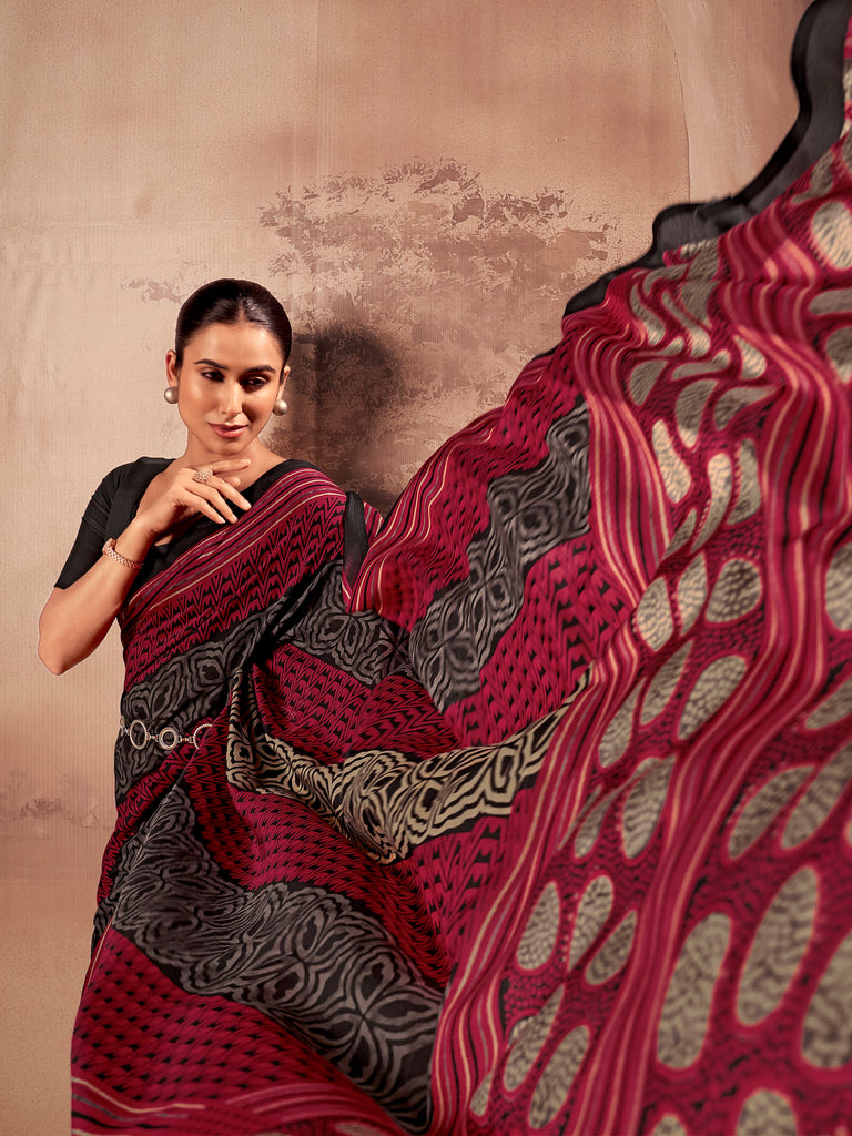 Amazeballs Red Digital Printed Cotton Casual Wear Saree With Blouse