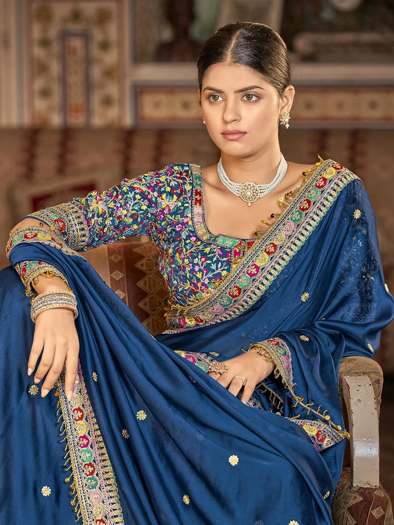 Fashionable Blue Embroidered Georgette Wedding Wear Saree With Blouse