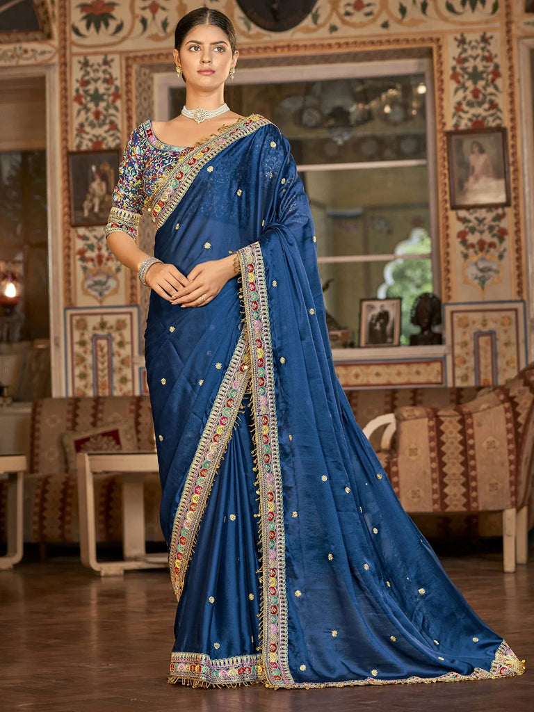 Fashionable Blue Embroidered Georgette Wedding Wear Saree With Blouse