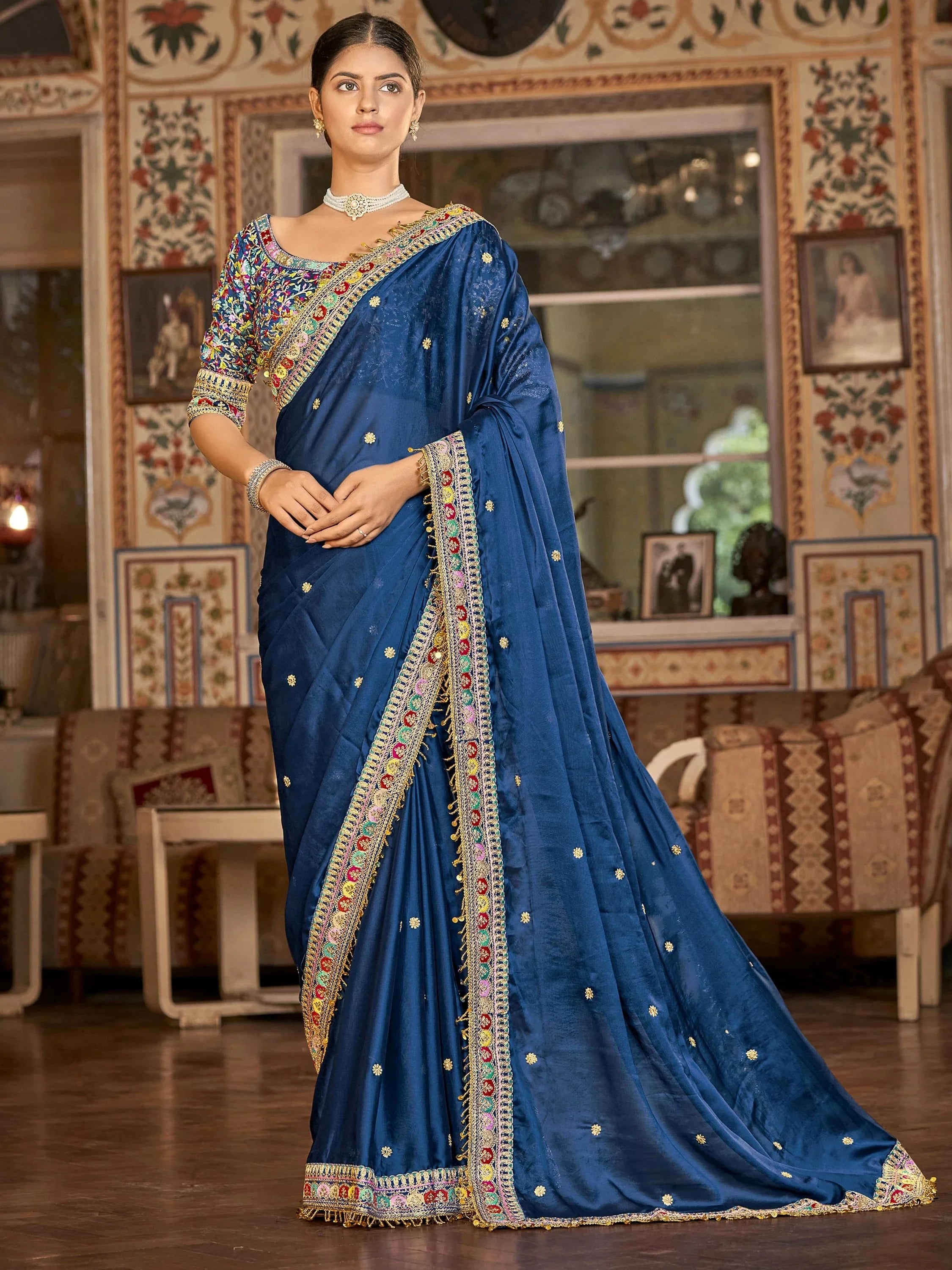Fashionable Blue Embroidered Georgette Wedding Wear Saree With Blouse