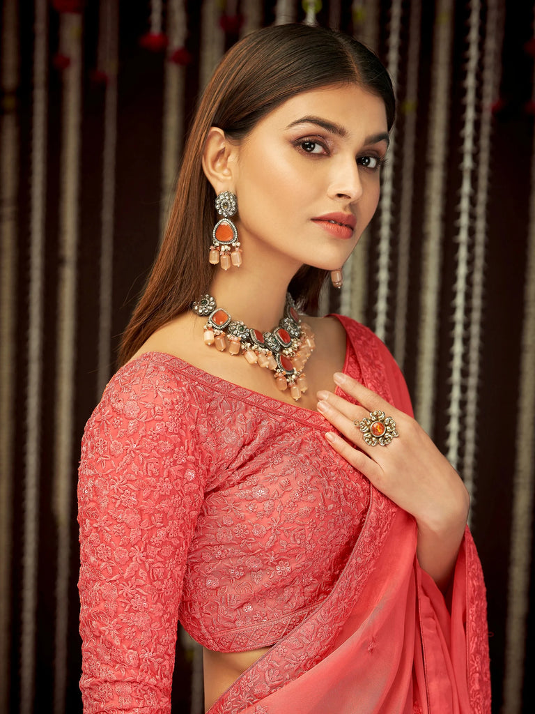 Impressive Peach Pink Thread Embroidered Georgette Festival Wear Saree