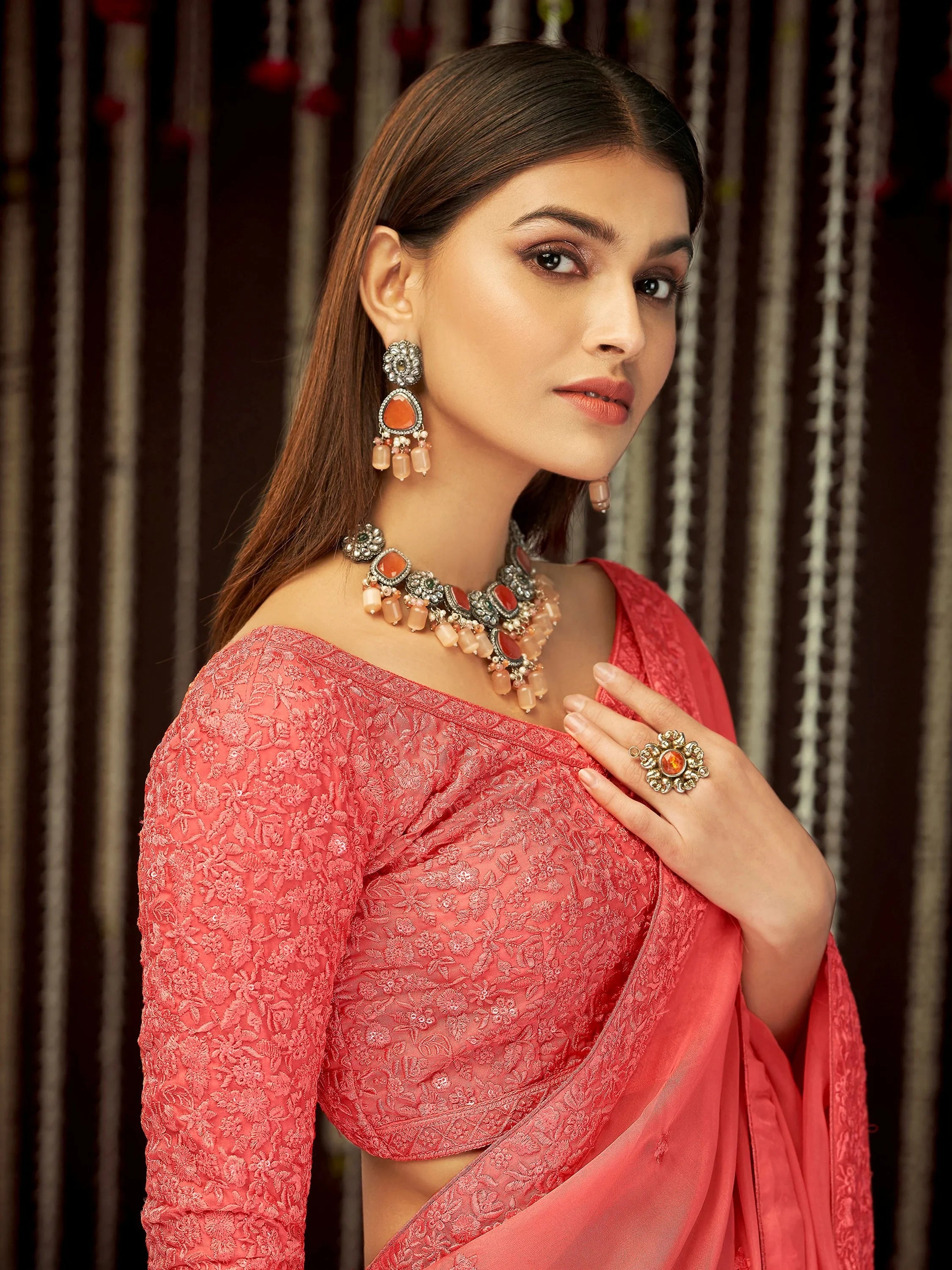 Impressive Peach Pink Thread Embroidered Georgette Festival Wear Saree