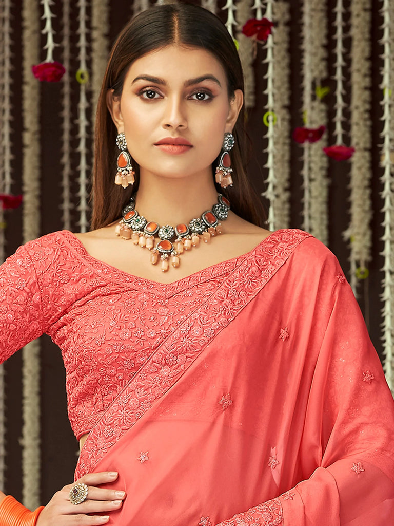 Impressive Peach Pink Thread Embroidered Georgette Festival Wear Saree