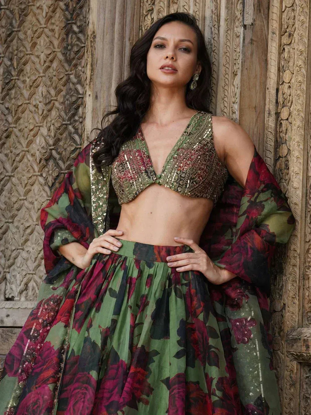 Green floral lehenga choli with sequin embroidery, perfect for Indian ethnic wear