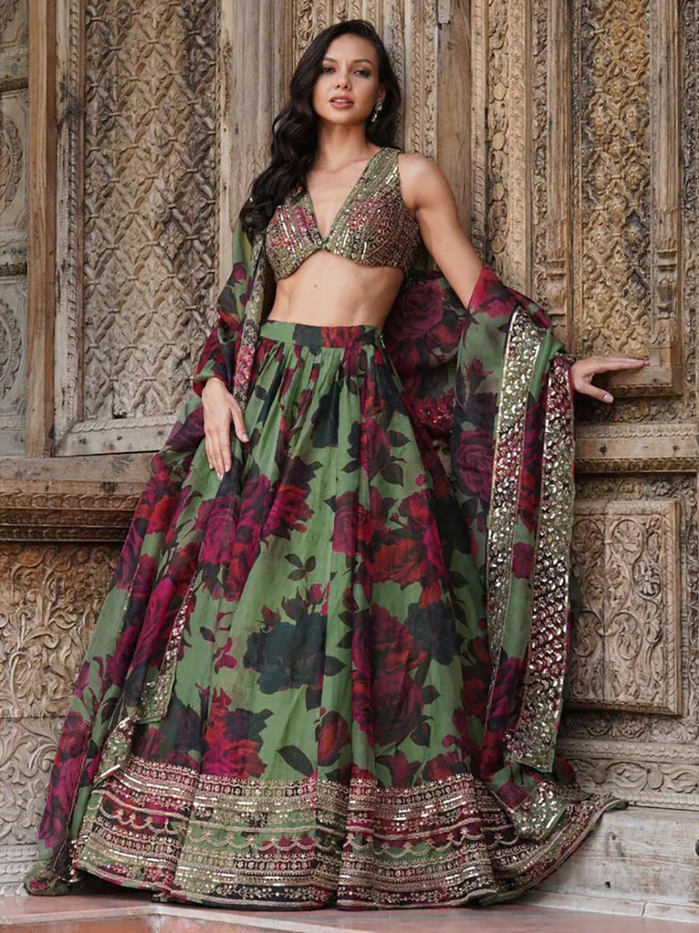 Tantalizing Green Floral Printed Organza Mehendi Wear Lehenga Choli