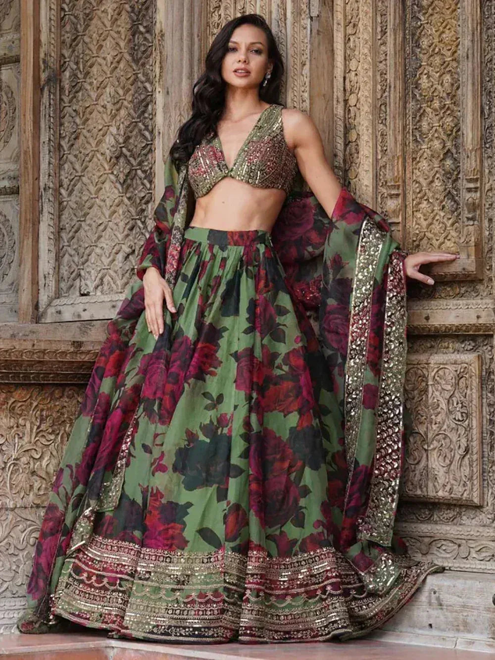 Green floral lehenga choli with embroidered blouse and dupatta, Indian ethnic wear for women