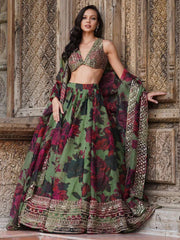 Tantalizing Green Floral Printed Organza Mehendi Wear Lehenga Choli