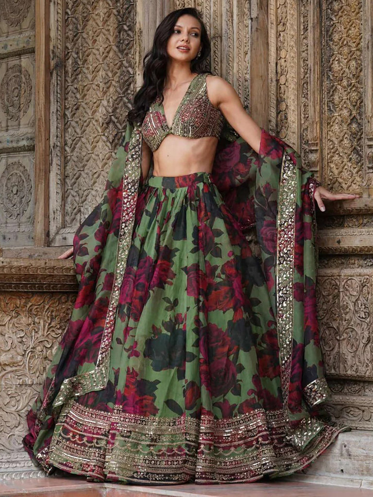 Tantalizing Green Floral Printed Organza Mehendi Wear Lehenga Choli