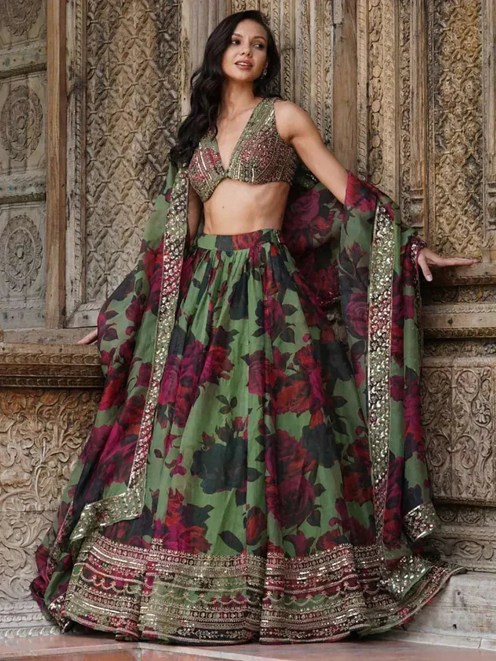 Green floral lehenga choli with gold embroidery, perfect for Indian ethnic wear occasions