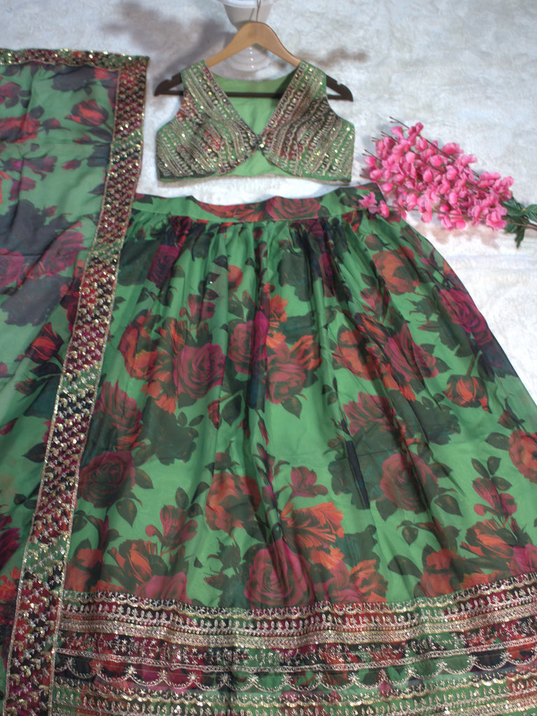 Tantalizing Green Floral Printed Organza Mehendi Wear Lehenga Choli