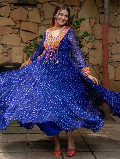 Fabulous Blue Bandhani Printed Georgette Navratri Wear Gown