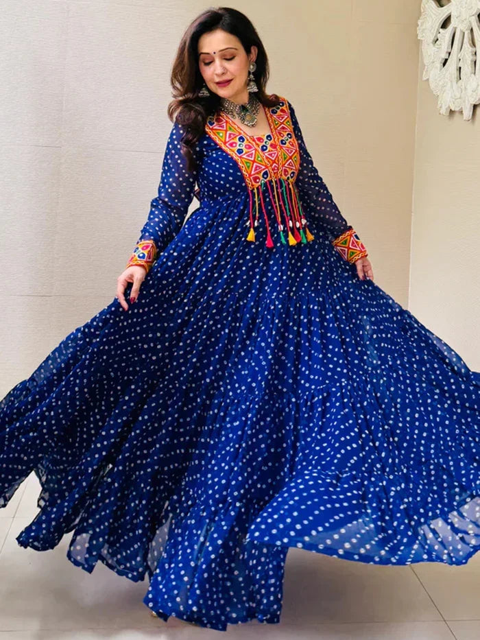 Fabulous Blue Bandhani Printed Georgette Navratri Wear Gown