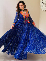 Fabulous Blue Bandhani Printed Georgette Navratri Wear Gown