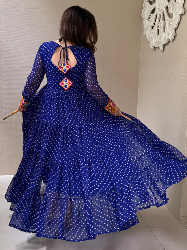 Fabulous Blue Bandhani Printed Georgette Navratri Wear Gown