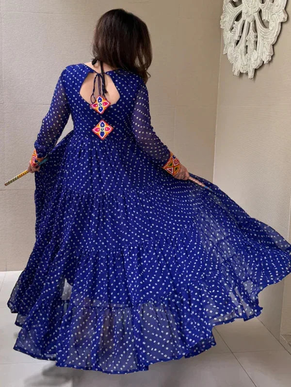 Fabulous Blue Bandhani Printed Georgette Navratri Wear Gown