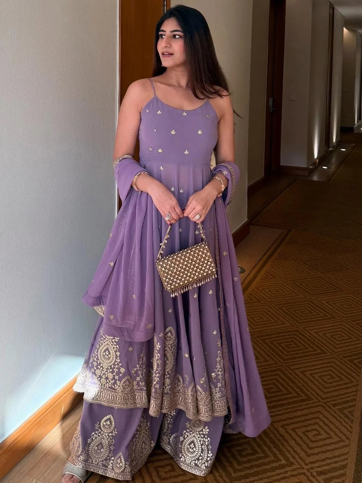 Wonderful Lavender Embroidered Georgette Festival Wear Palazzo Suit