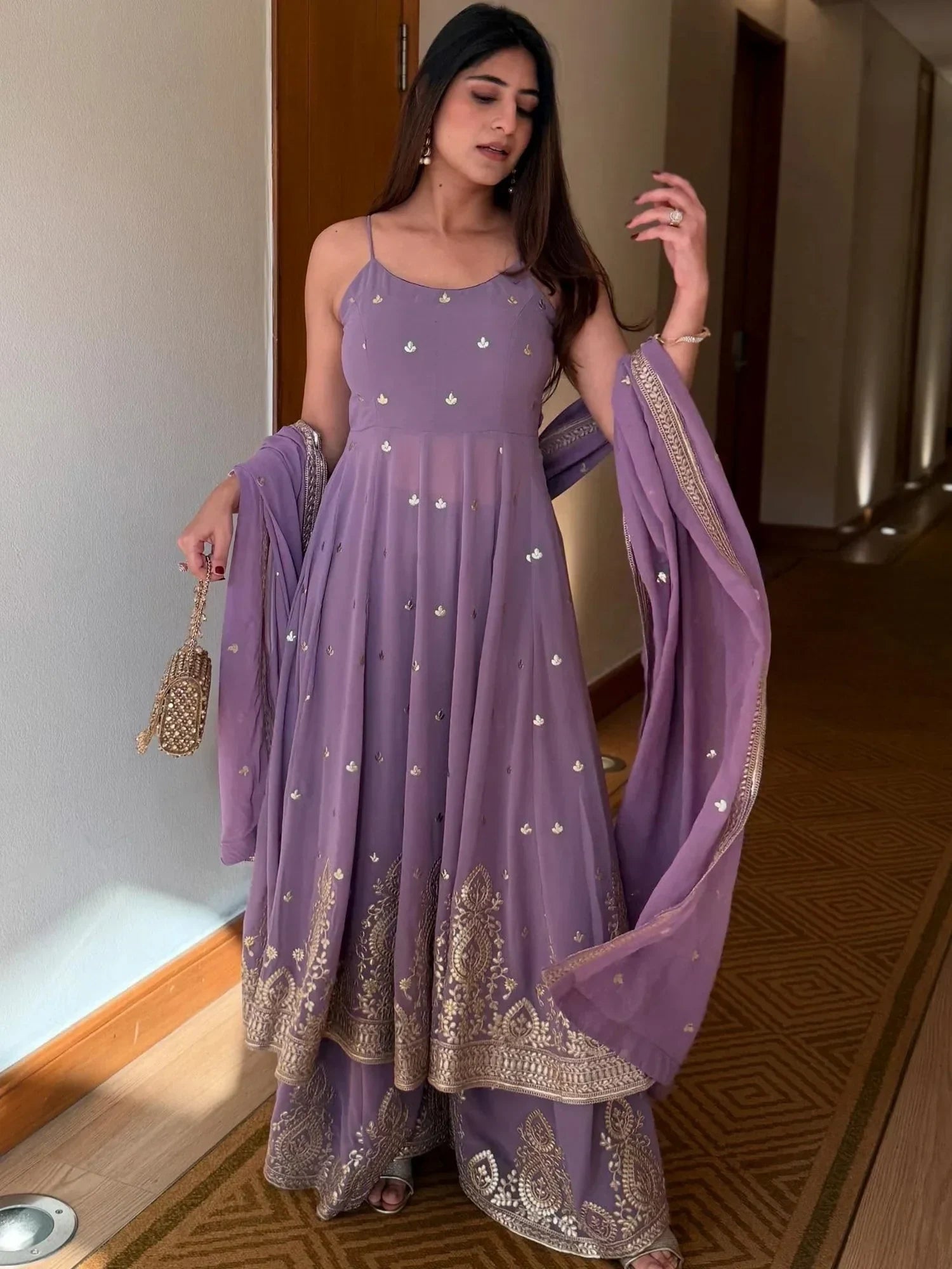 Wonderful Lavender Embroidered Georgette Festival Wear Palazzo Suit