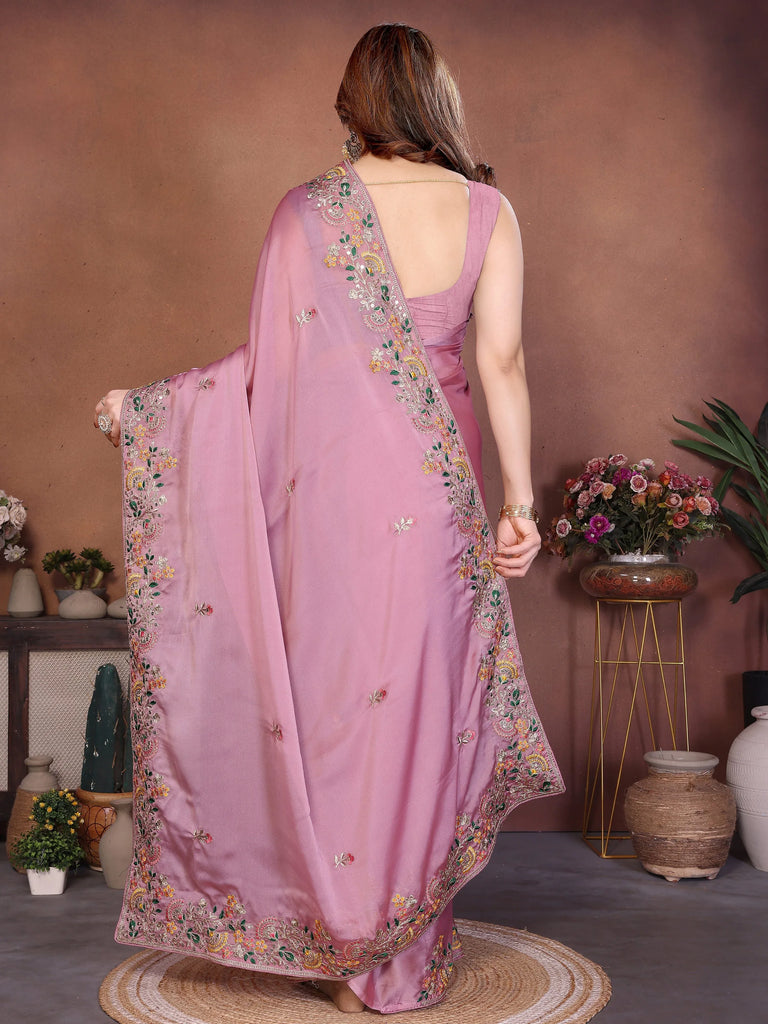 Superb Pink Dori Work Silk Function Wear Saree With Blouse