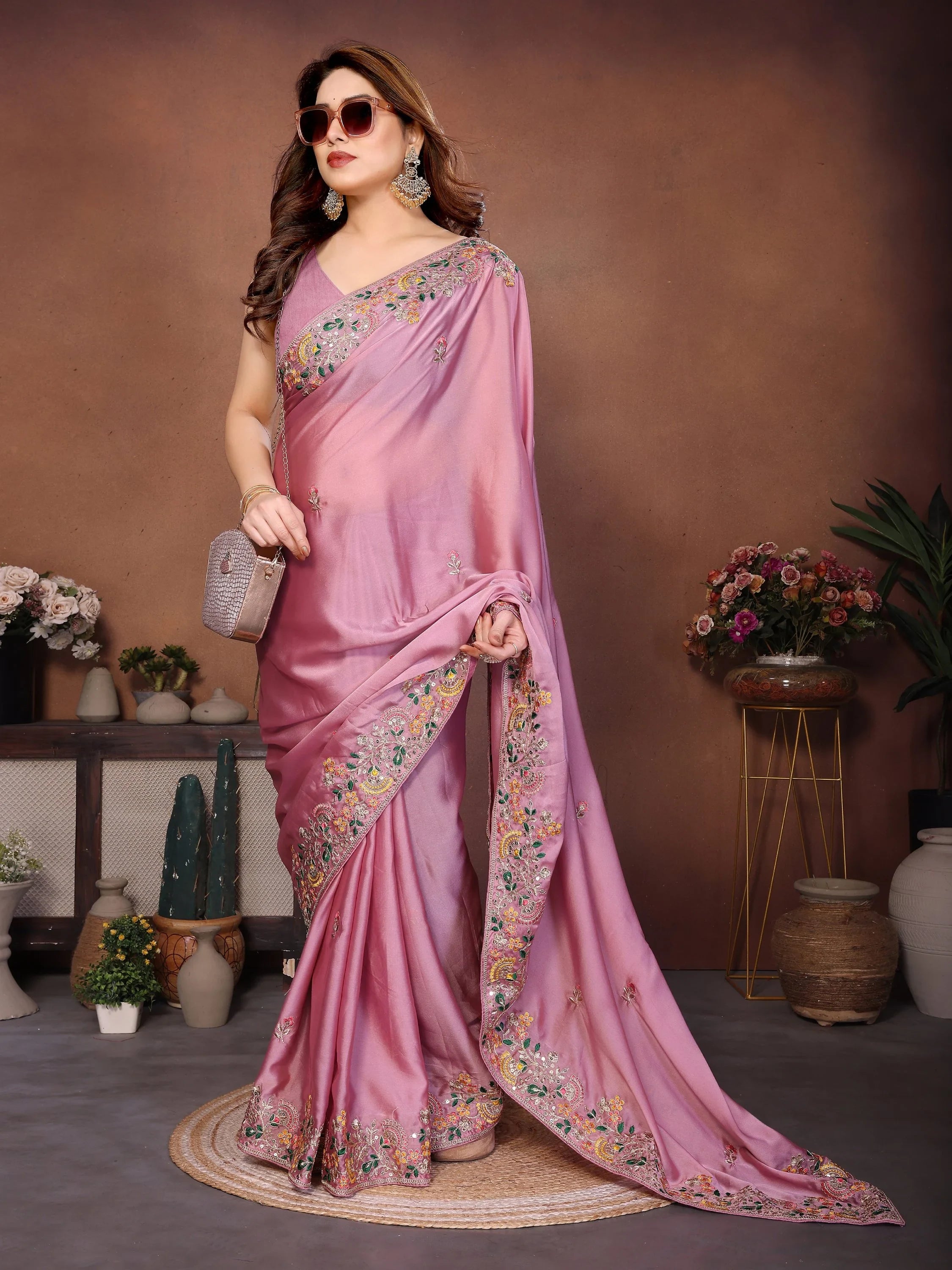 Superb Pink Dori Work Silk Function Wear Saree With Blouse