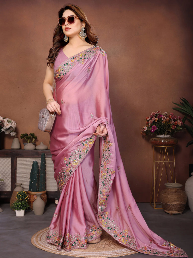 Superb Pink Dori Work Silk Function Wear Saree With Blouse