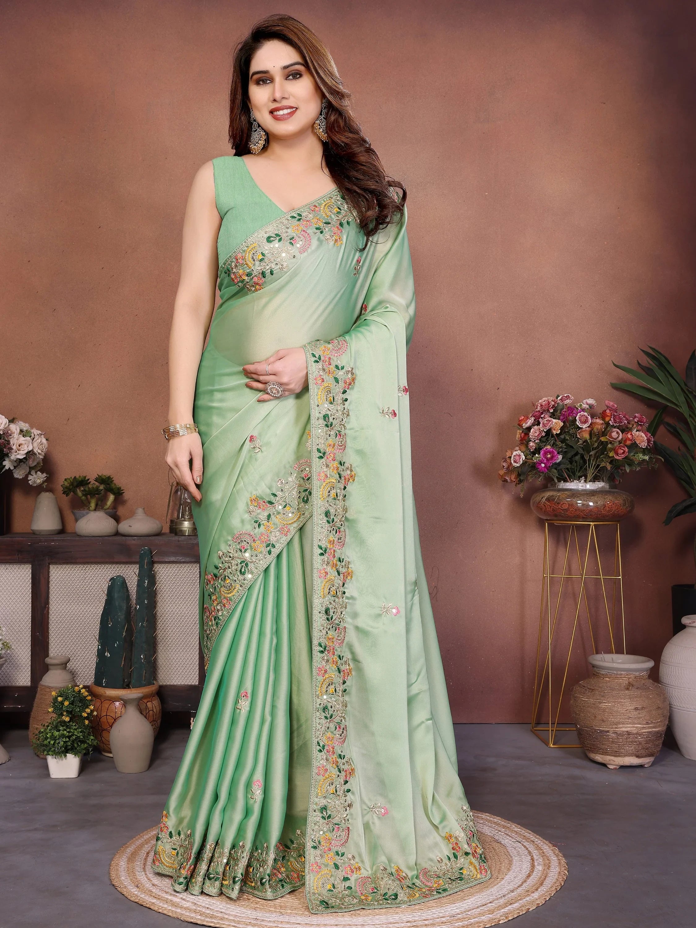 Amazing Green Zari Embroidered Silk Traditional Saree With Blouse