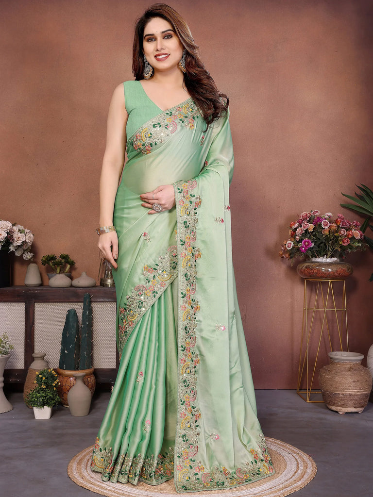 Amazing Green Zari Embroidered Silk Traditional Saree With Blouse