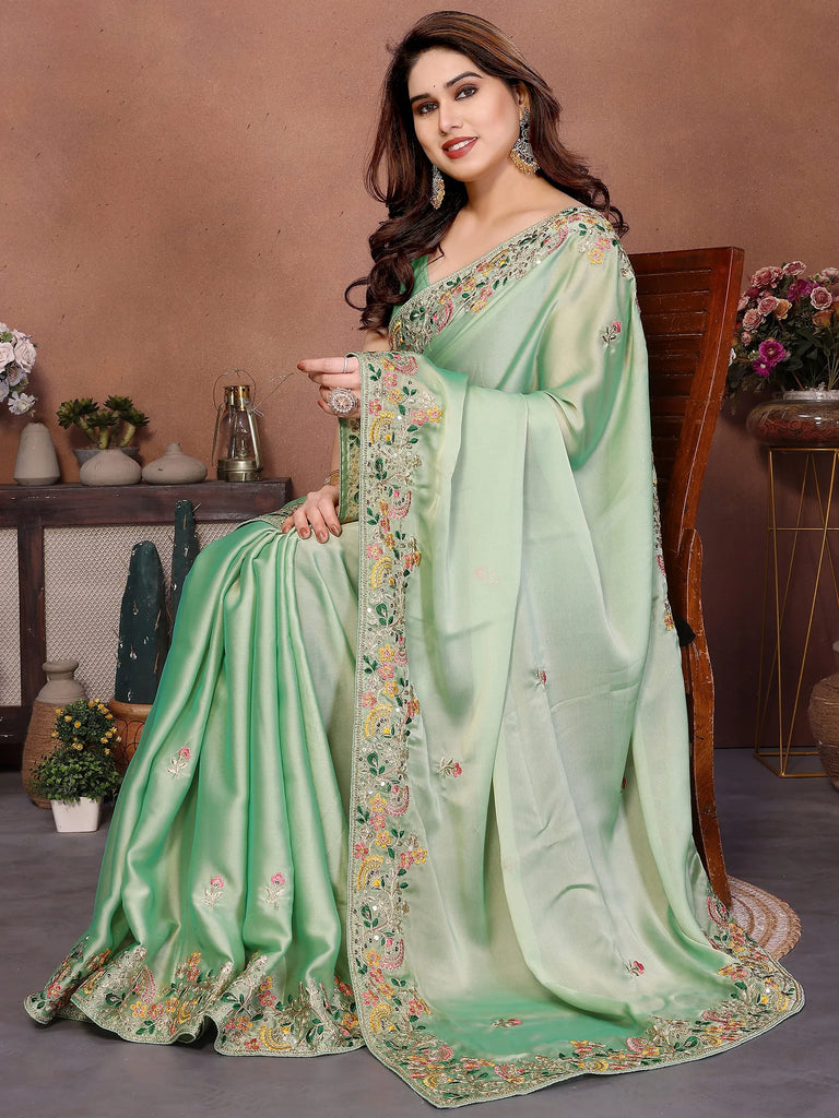 Amazing Green Zari Embroidered Silk Traditional Saree With Blouse