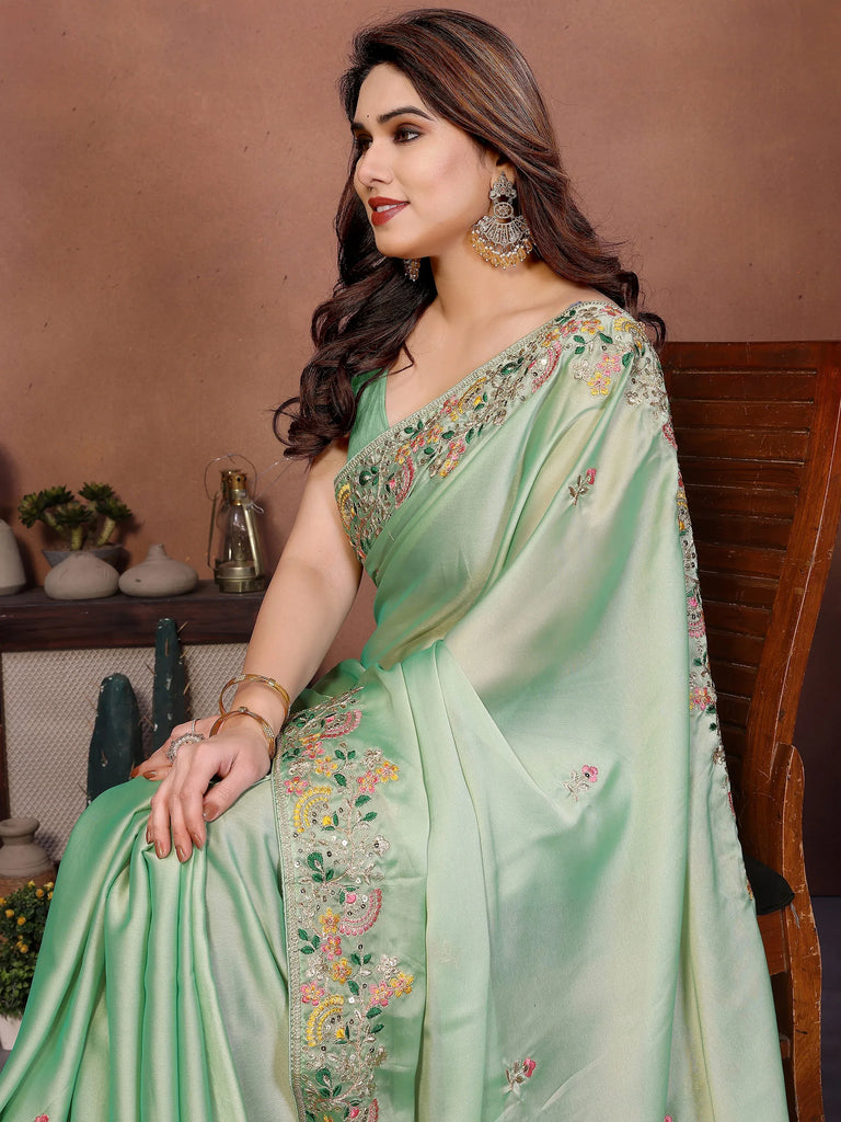 Amazing Green Zari Embroidered Silk Traditional Saree With Blouse