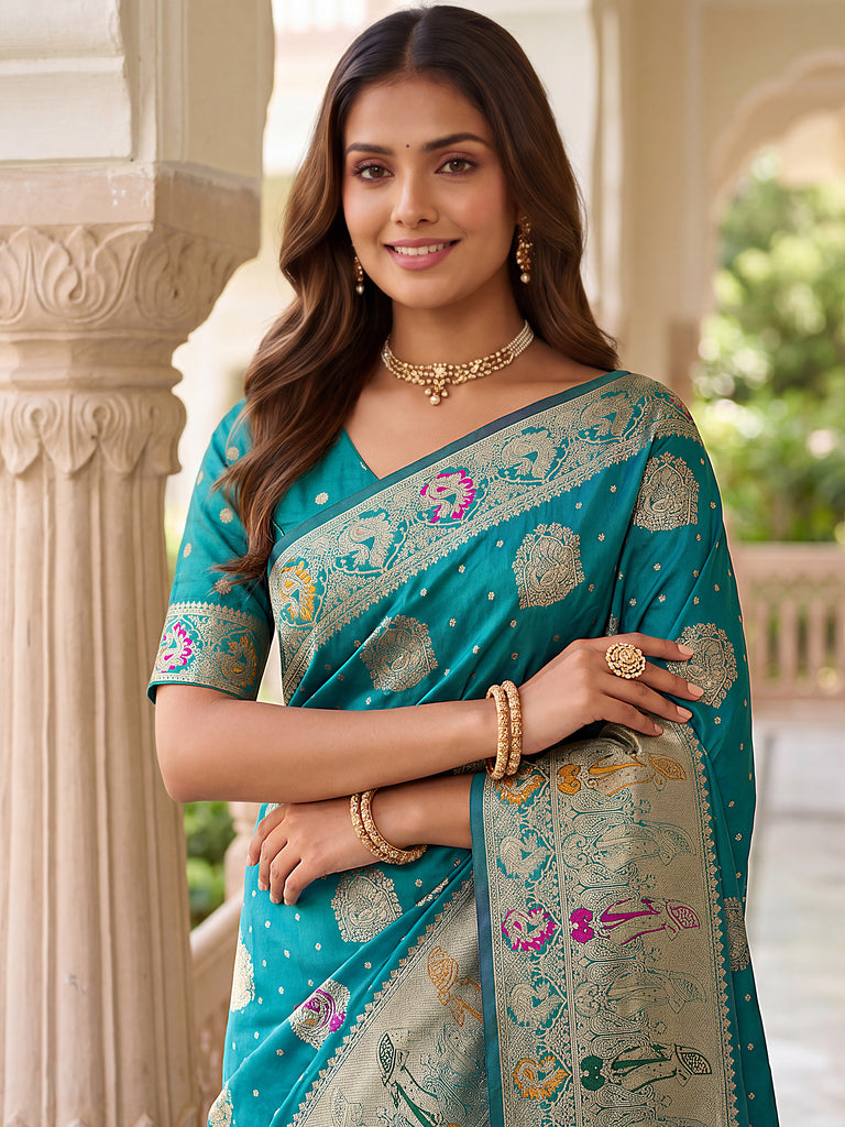 Aesthetics Teal Blue Zari Weaving Silk Wedding Wear Saree With Blouse