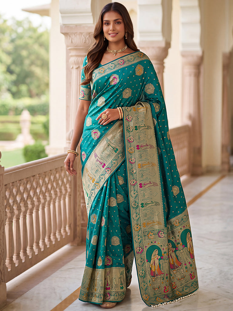 Aesthetics Teal Blue Zari Weaving Silk Wedding Wear Saree With Blouse