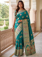 Aesthetics Teal Blue Zari Weaving Silk Wedding Wear Saree With Blouse